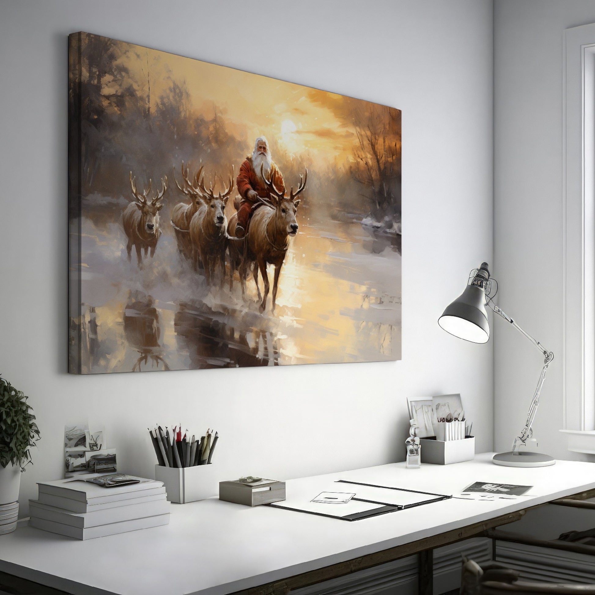 Framed canvas print of Santa Claus with reindeer in a winter sunset landscape