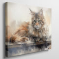 Framed canvas print of a long-haired cat with a watercolor effect in warm tones