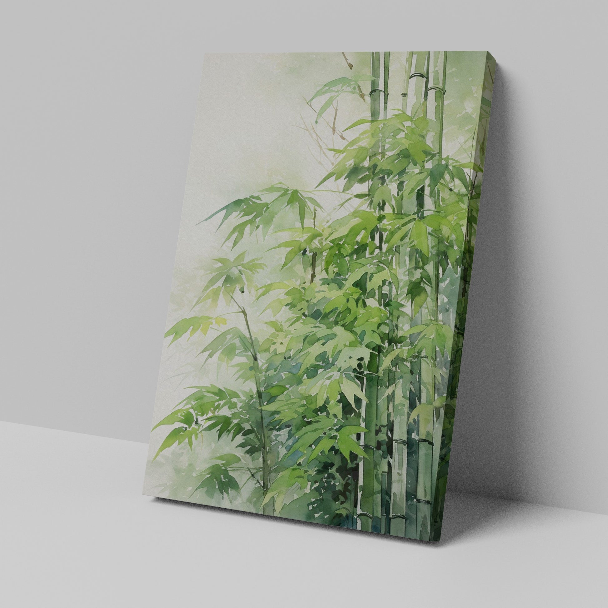 Framed canvas print of a tranquil watercolour depiction of bamboo surrounded by soft green hues