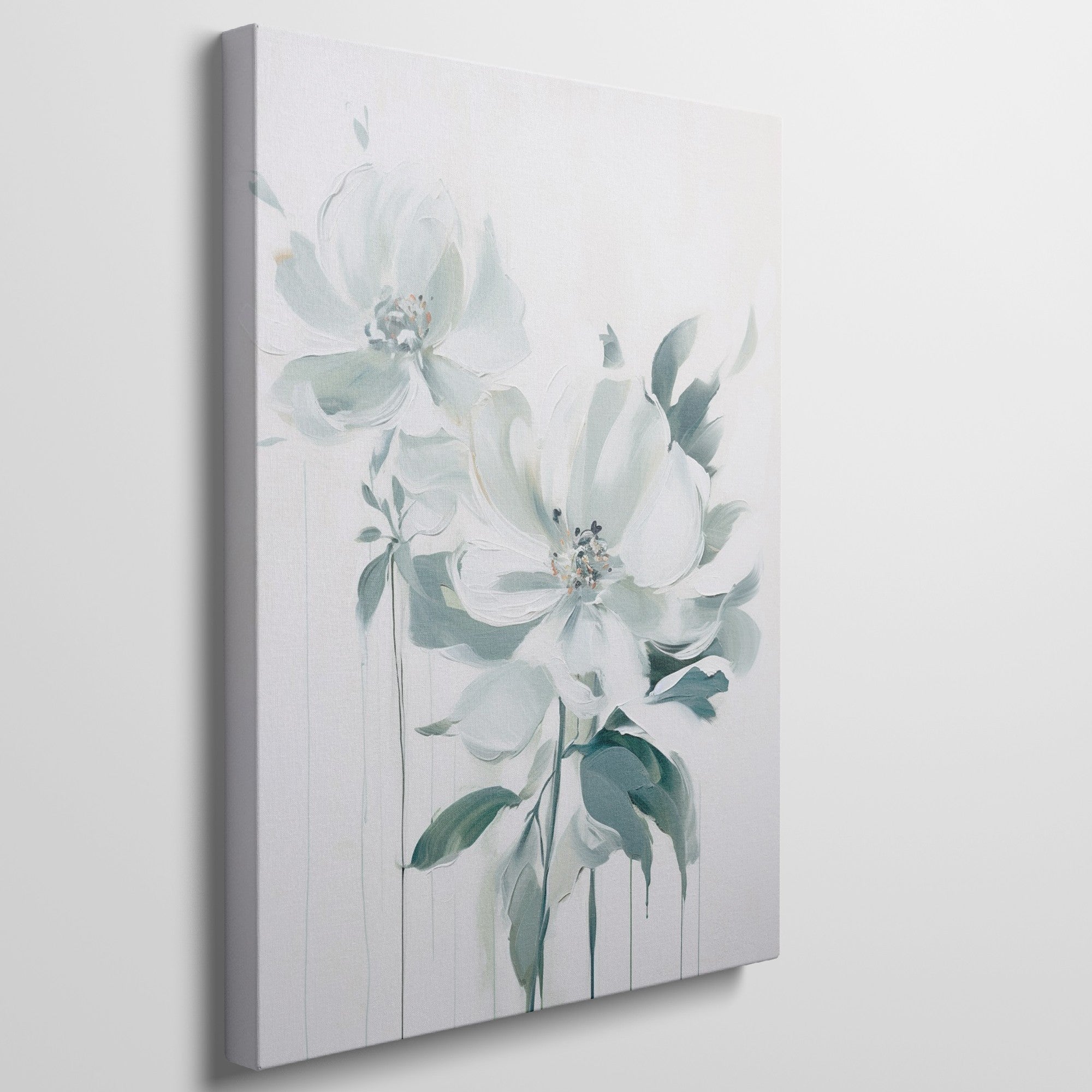 Framed canvas print of modern white floral art with soft green and pastel tones