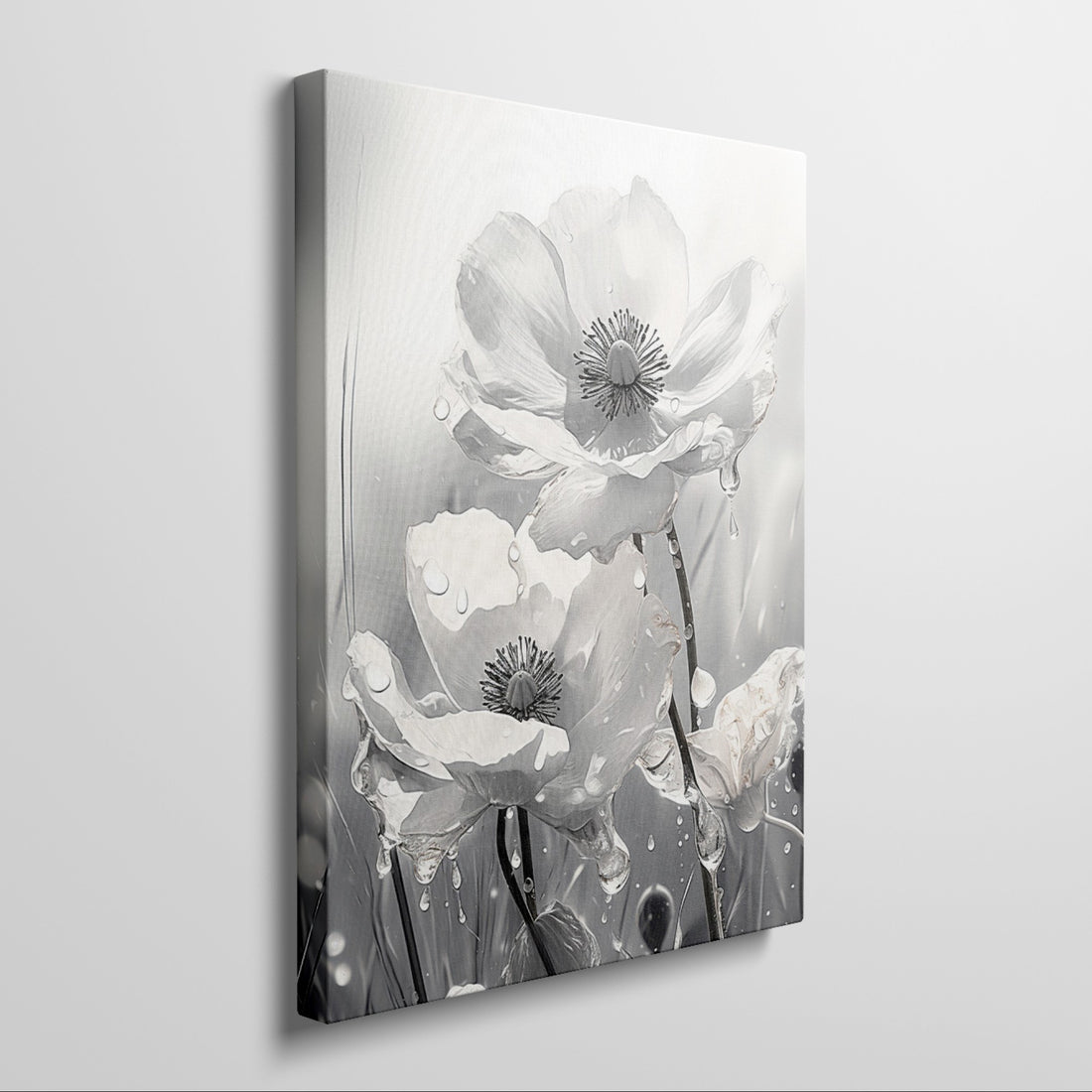 Framed canvas print of monochrome flowers with water droplets