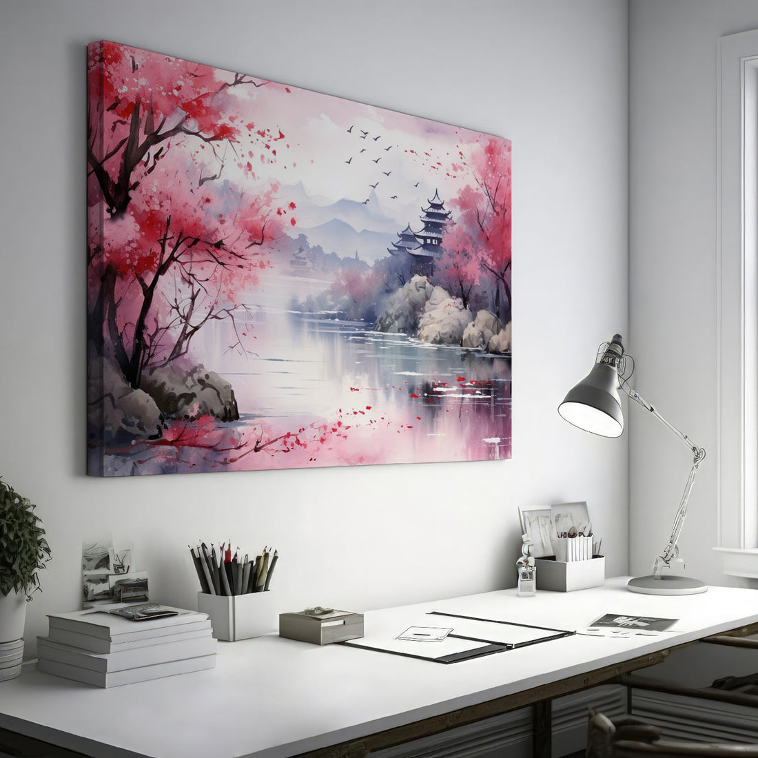 Framed canvas print of Oriental watercolour landscape with pink cherry blossoms, serene lake, and pagoda