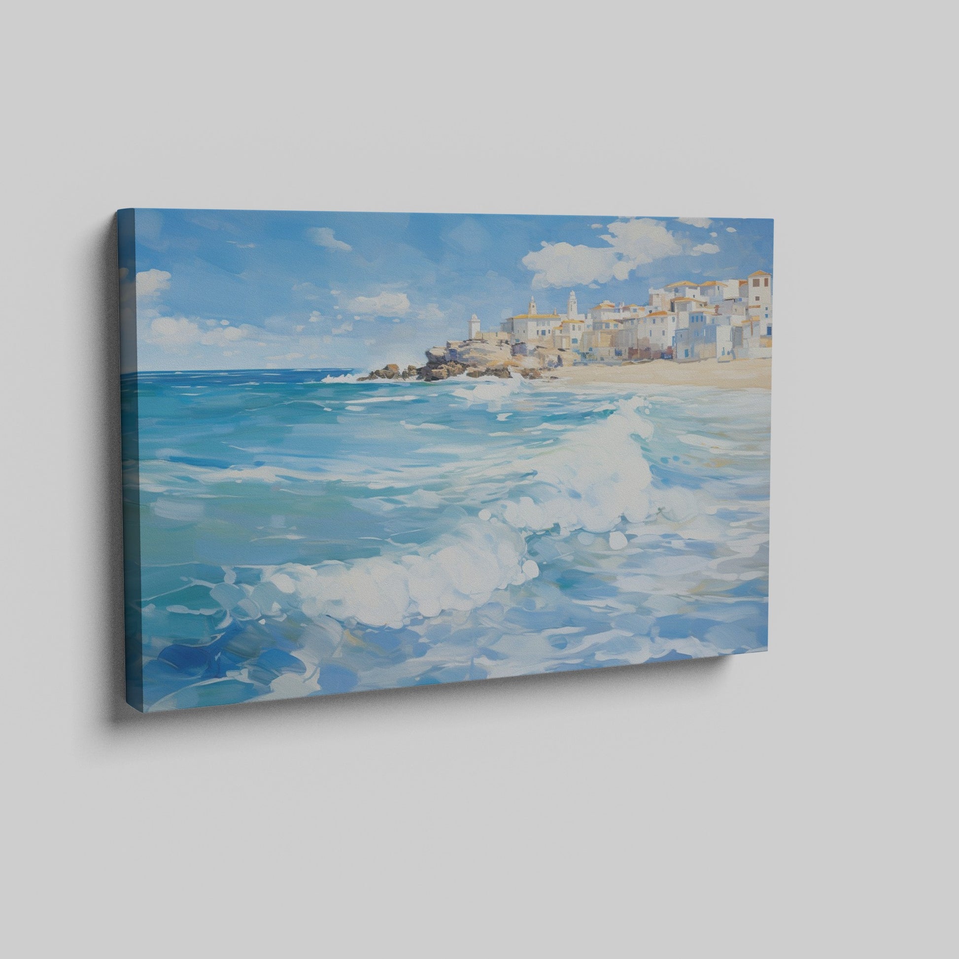 Framed canvas print of a Mediterranean village by the sea with vibrant blue waves and sunny sky