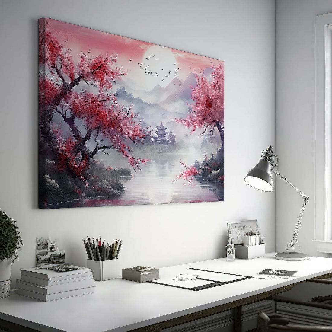 Framed canvas print of an Asian landscape with cherry blossoms and a pagoda at sunset