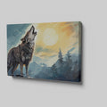 Framed canvas print of a howling wolf in a forest at sunset with orange and blue tones