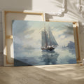 Framed canvas print of an impressionistic painting of a sailboat in a misty seascape setting