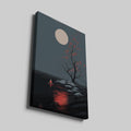 Framed canvas print of a minimalist tree at night with a glowing moon and red leaf accents