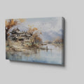 Canvas art of a tranquil oriental landscape with autumnal trees, traditional architecture, calm water, and mountains in the background.