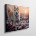 Framed canvas print of a dog in impressionist style with a winter sunset in the background