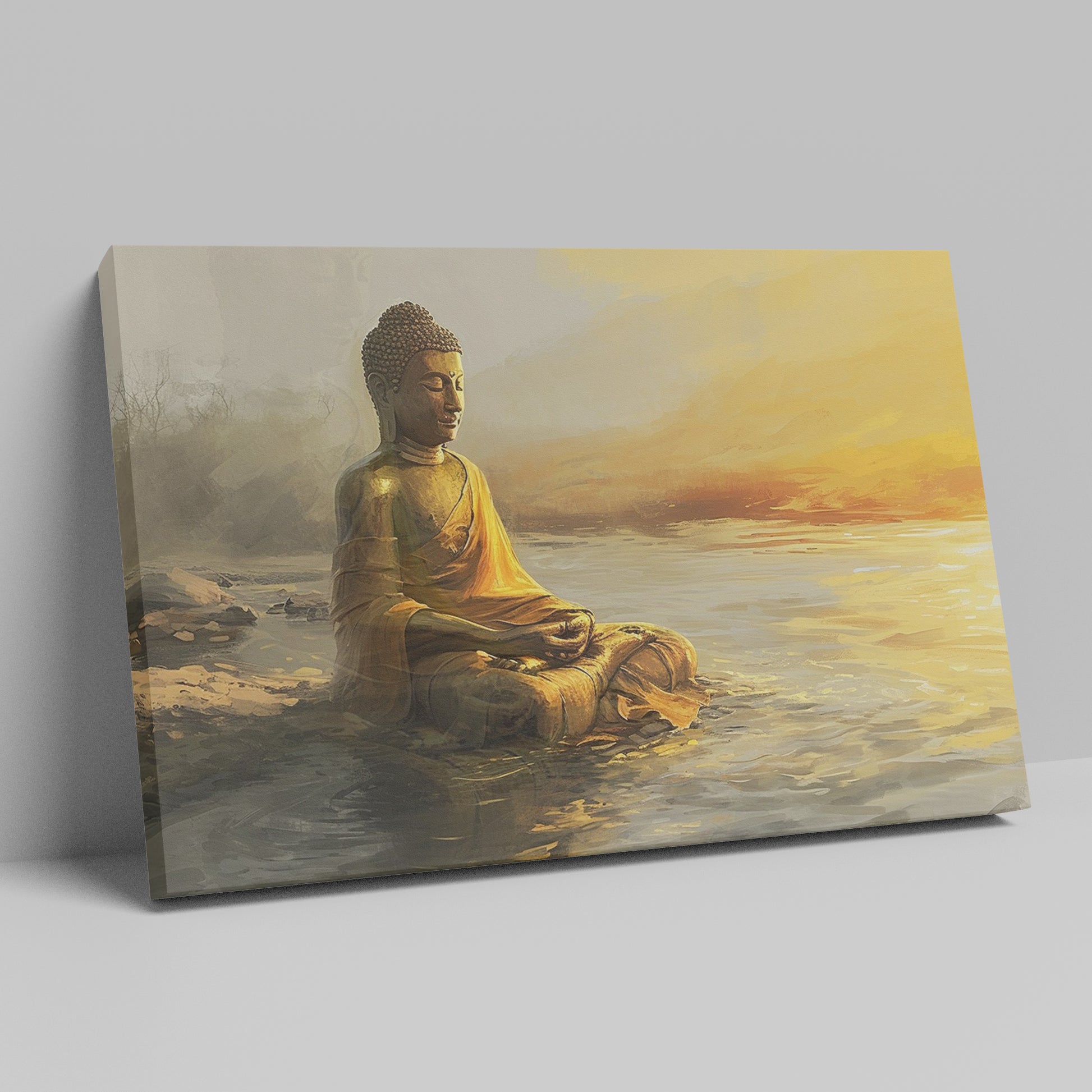 Wall canvas print of a meditative Buddha statue in golden and orange hues reflecting on tranquil waters at sunrise.