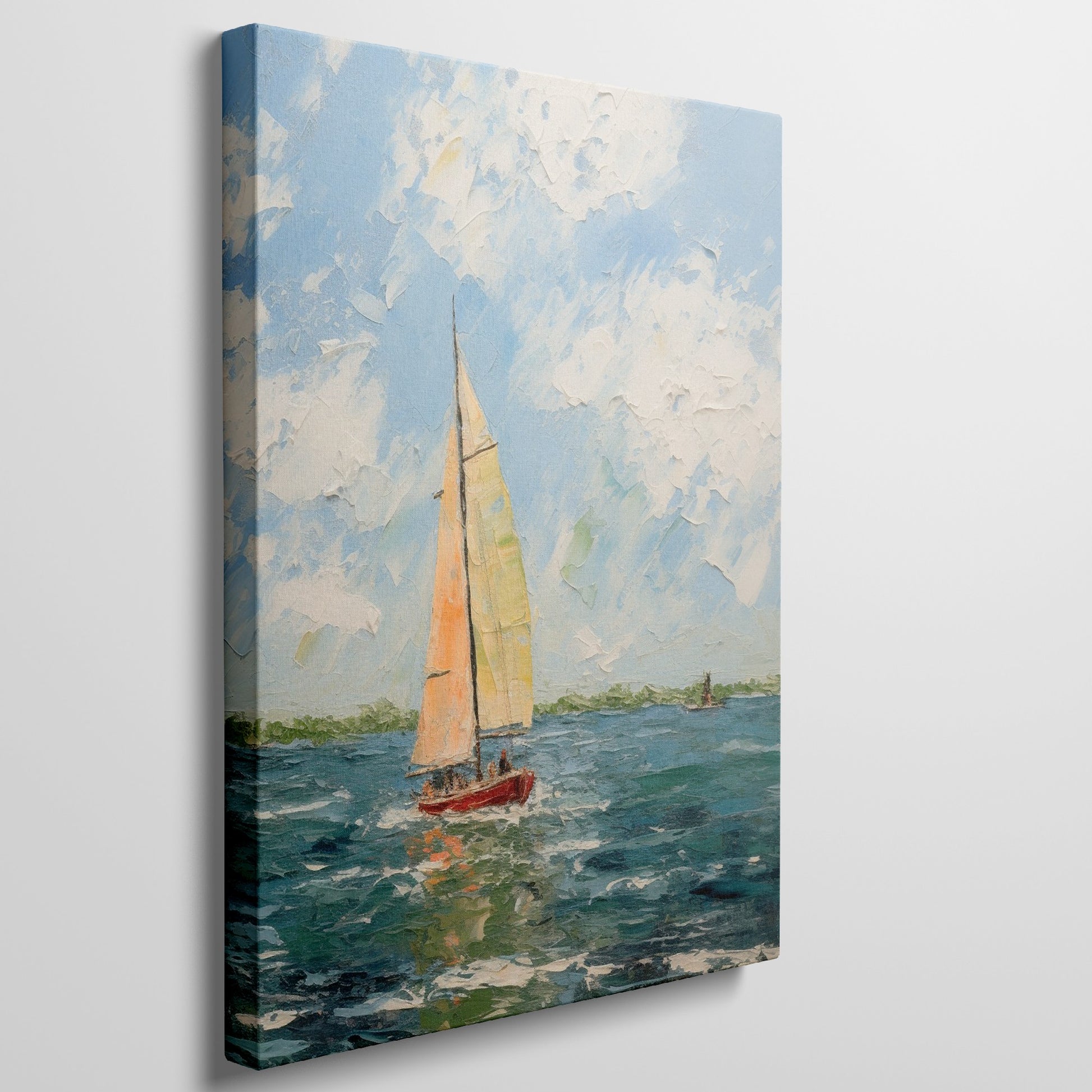 Framed canvas print of a textured impasto style painting featuring a sailboat with golden sails on the sea