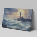 Framed canvas print of a lighthouse by the sea at sunset with crashing waves