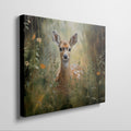 Framed canvas print of a gentle fawn in a sunlit meadow with vibrant wildflowers