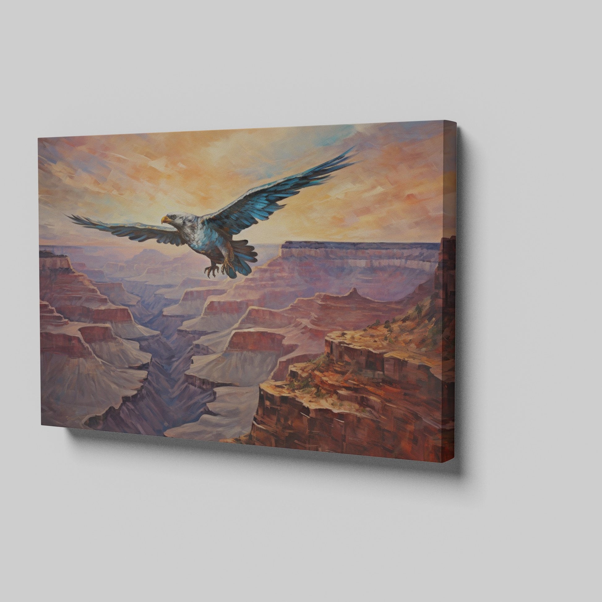 Framed canvas print of a majestic eagle flying over a dramatic canyon landscape at sunset