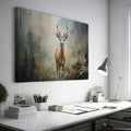 Framed canvas print of a majestic stag in a misty forest setting