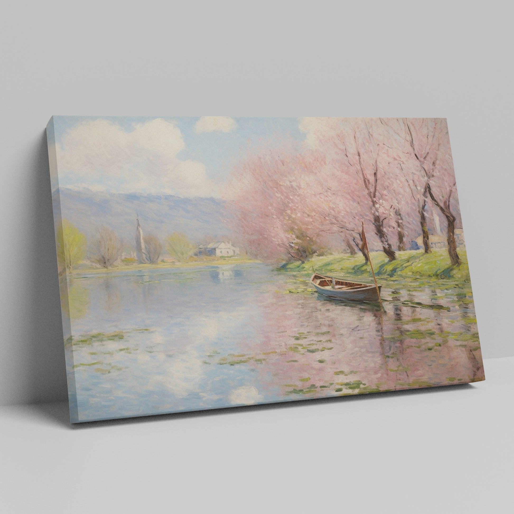 Framed canvas print of a tranquil river landscape featuring blooming cherry blossoms and a boat, in Impressionist style