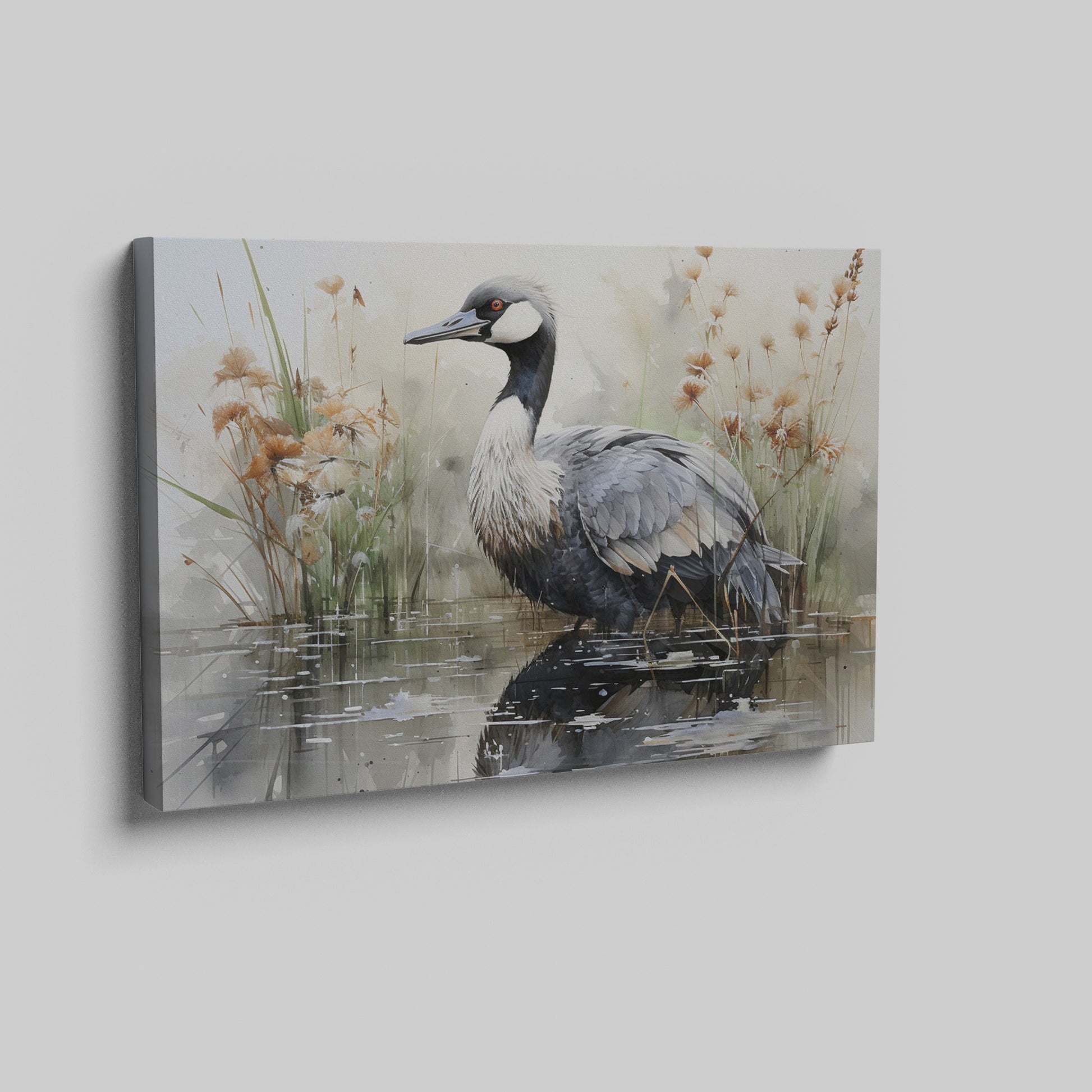 Framed canvas print of a crane amongst reeds in a watercolor wetland scene with neutral tones