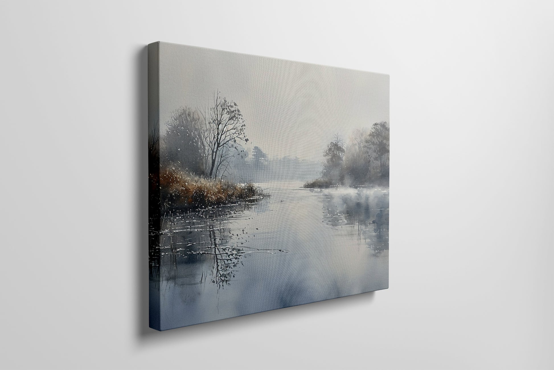 Framed canvas print of a misty river landscape with water reflections in cool tones