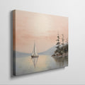 Peaceful landscape painting of a sailboat on a mirror-like lake with orange sky and pine trees