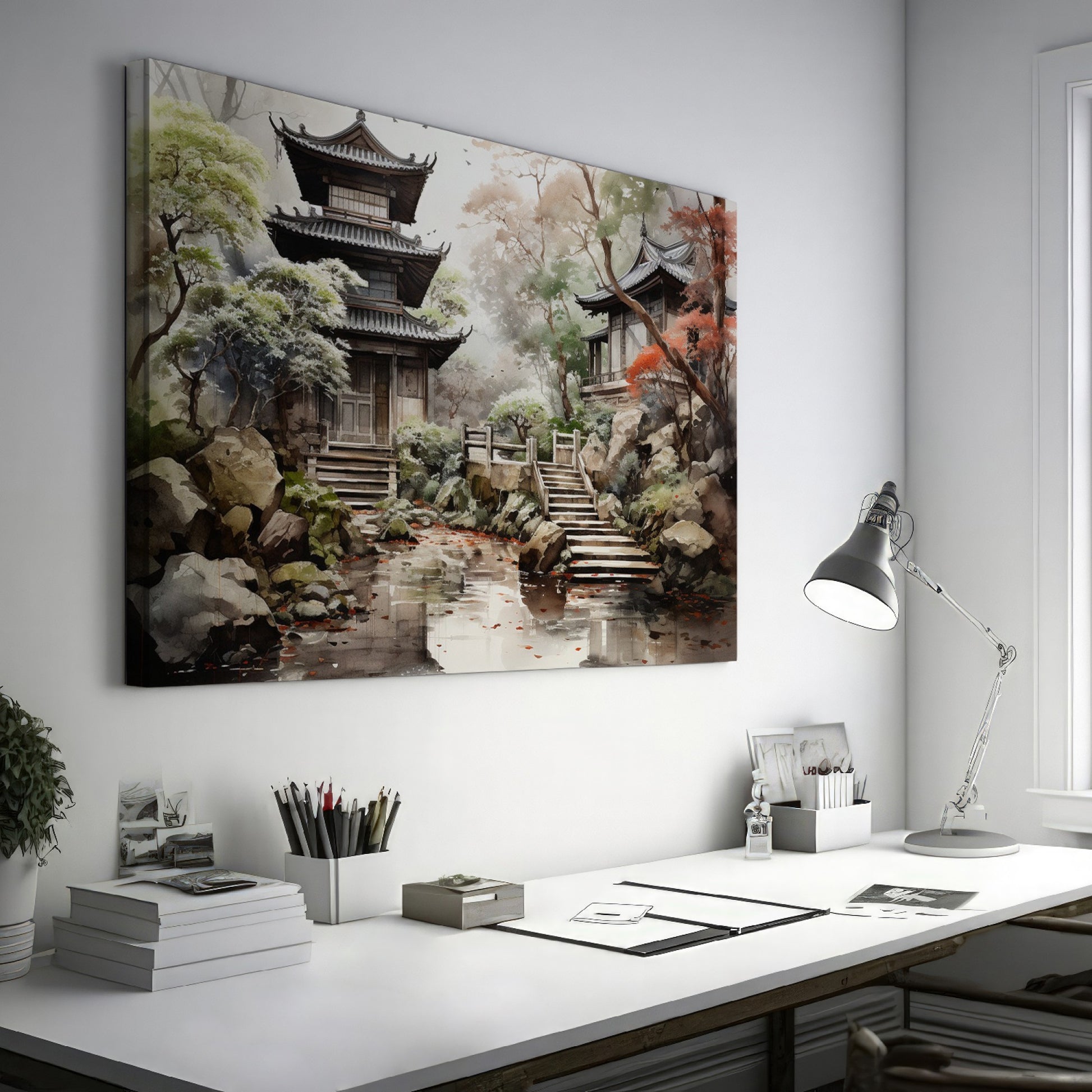 Framed canvas print of a tranquil traditional Asian landscape with a Japanese pagoda and garden