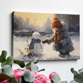 Framed canvas print of a child building a snowman in a snowy urban park during golden hour