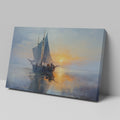 Framed canvas print of an impressionist painting depicting a sailing ship at sunset with warm hues and a serene seascape