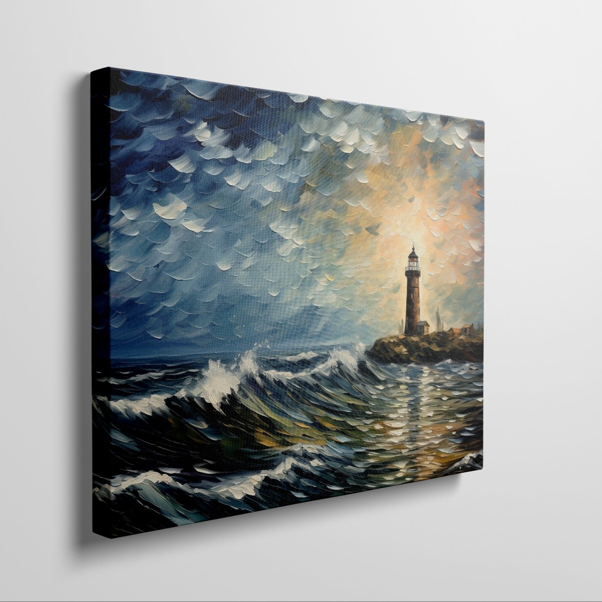 Framed canvas print of an impressionist lighthouse seascape at sunset with textured waves and a vivid sky