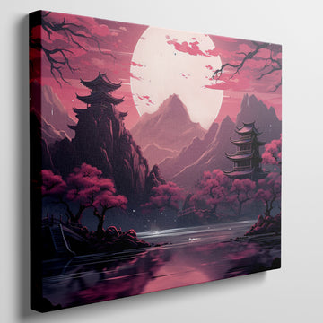 Framed canvas print of Oriental landscape with pagodas, cherry blossoms, and a full moon