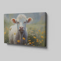 Framed canvas print of a serene cow surrounded by a vibrant wildflower meadow