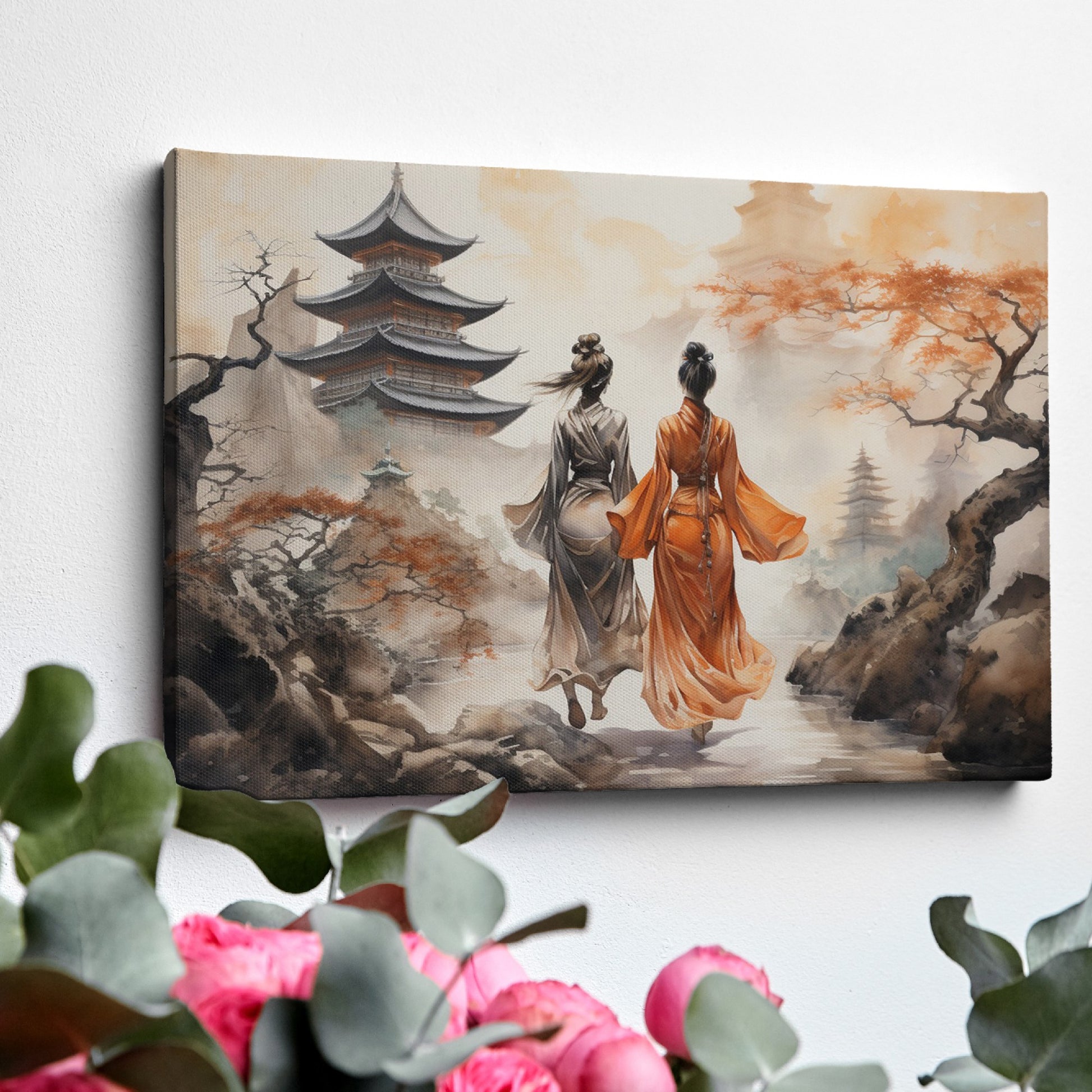 Framed canvas print of traditional Chinese pagoda landscape with figures in kimonos and cherry blossoms