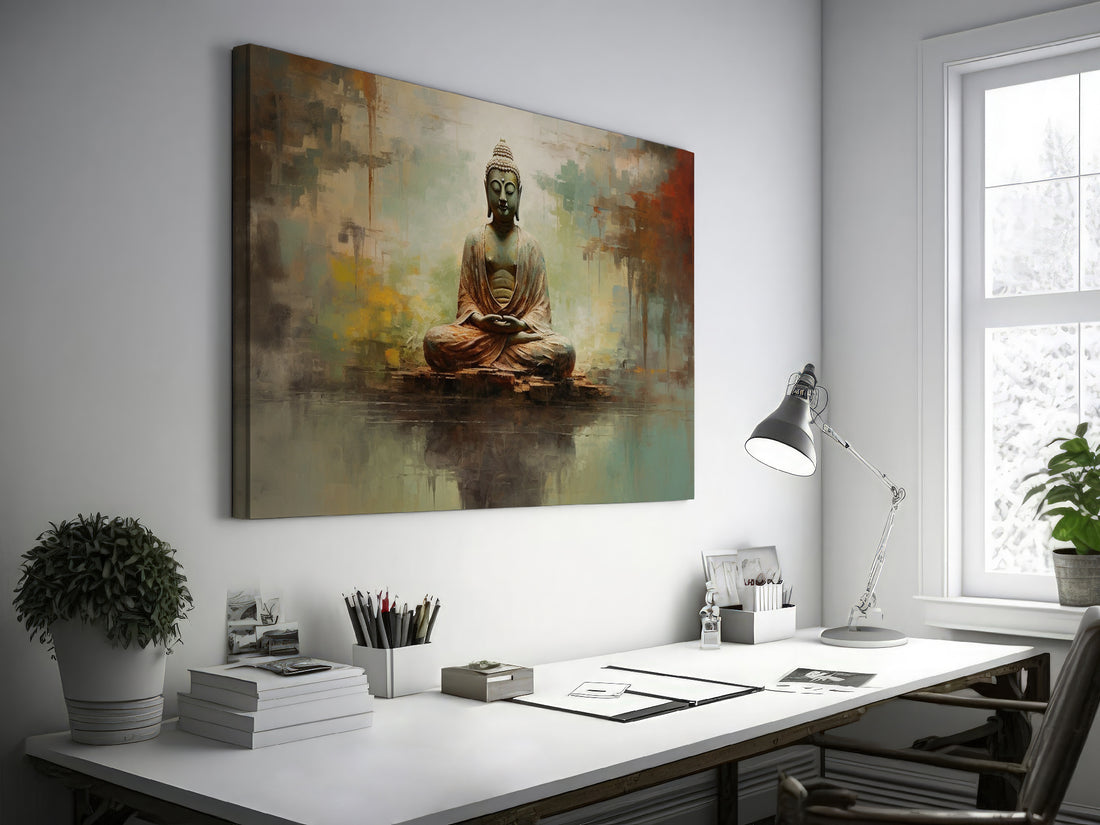 Framed canvas print of a serene Buddha in meditation with an abstract, earth-toned backdrop and reflective water