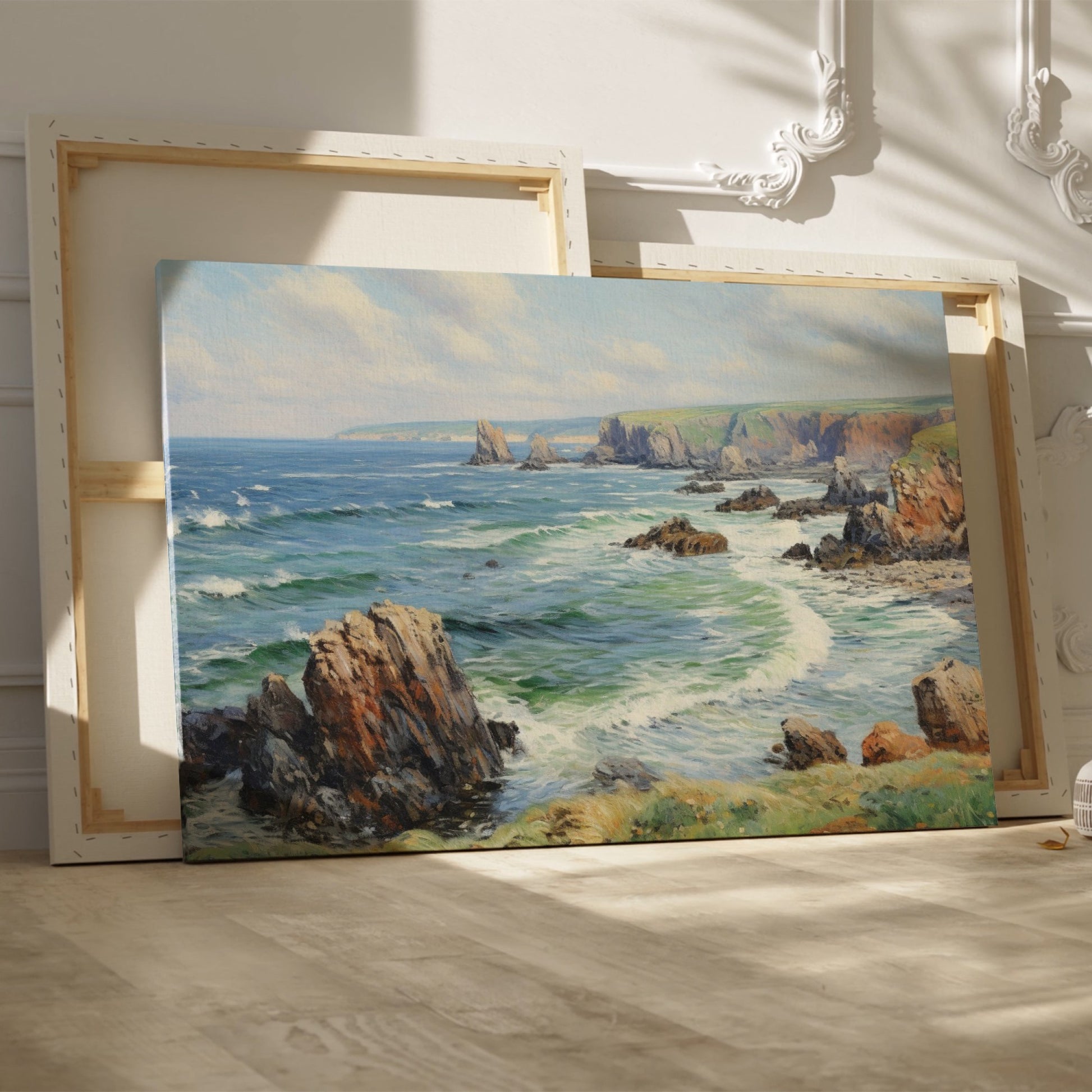 Framed canvas print of a serene seascape with ocean waves, cliffs, and blue skies