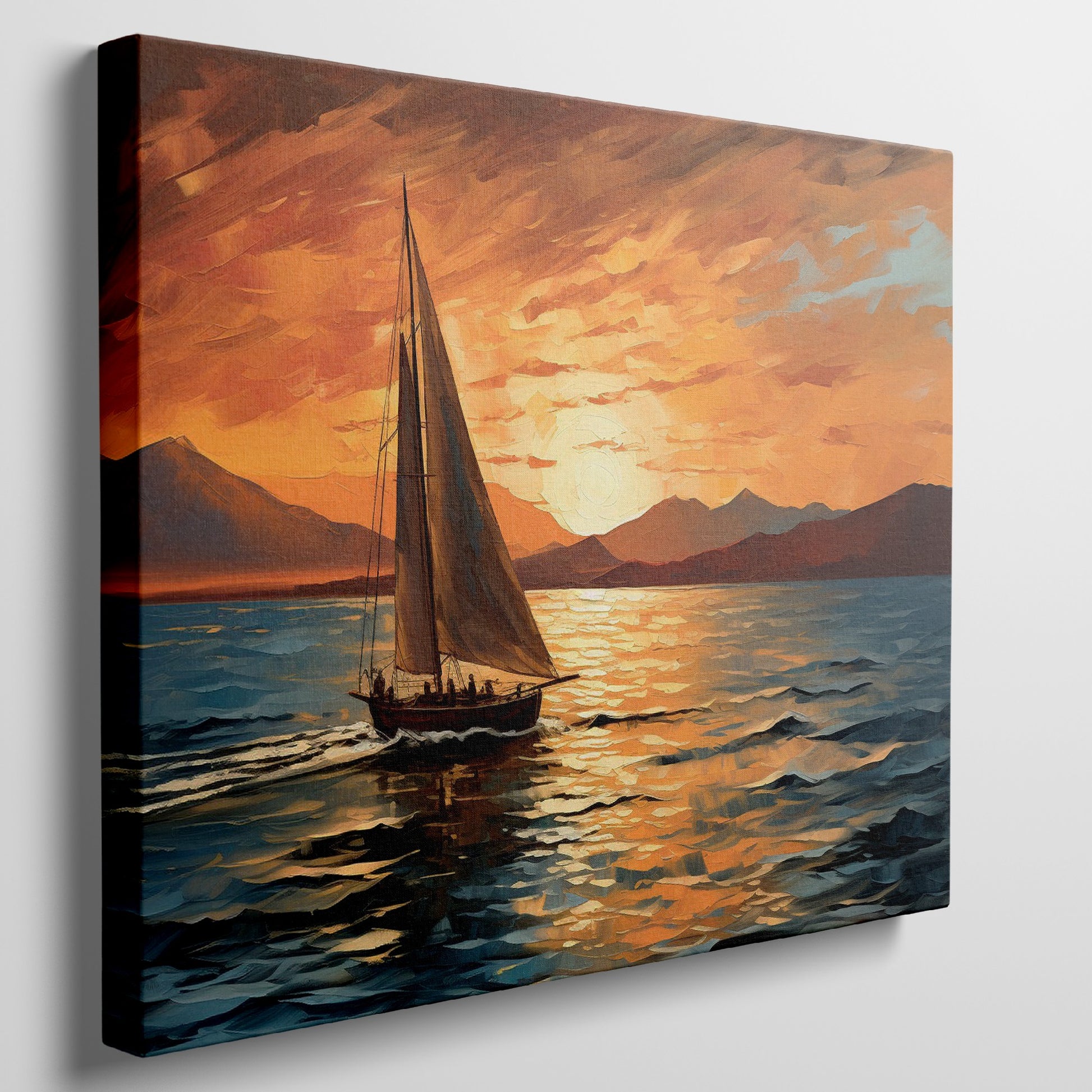 Framed canvas print of a sailboat against a vivid sunset with warm orange and blue tones