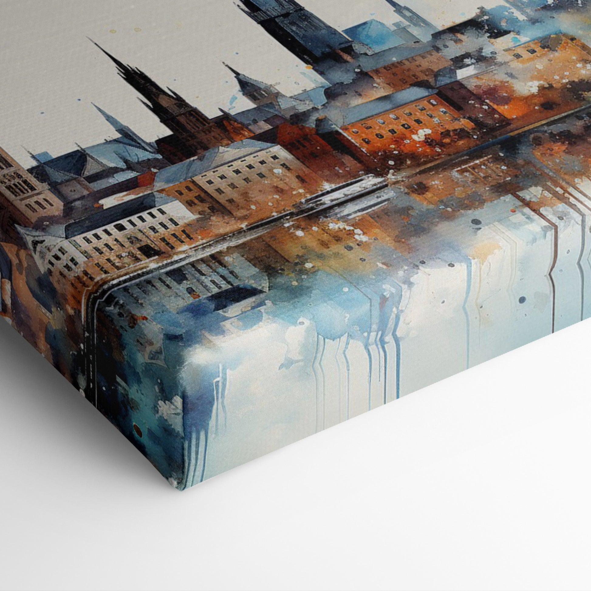 Framed canvas print of abstract watercolour cityscape with vibrant blue, orange and black tones