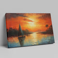 Framed canvas print of a vibrant impressionist sailboat against an orange hued sunset