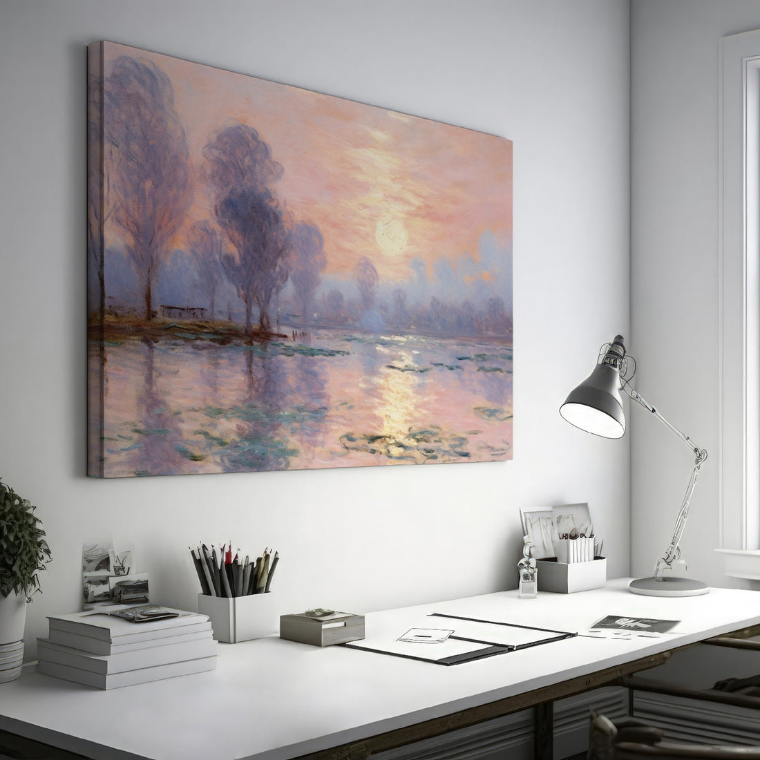 Impressionist-style painting of a peaceful river landscape at sunrise with reflections and tall trees.