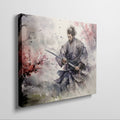 Framed canvas print of a samurai warrior in watercolour, with dynamic ink splatters in vivid hues.