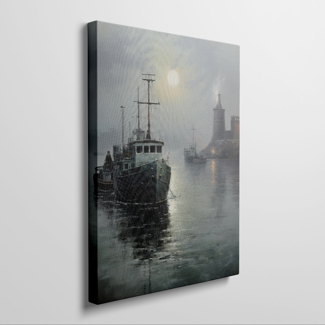 Framed canvas print of tranquil harbour scene with fishing boats and a lighthouse under a misty moonlit sky