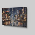 Framed canvas print of an urban street scene with illuminated pagoda and glistening rain-covered streets at night