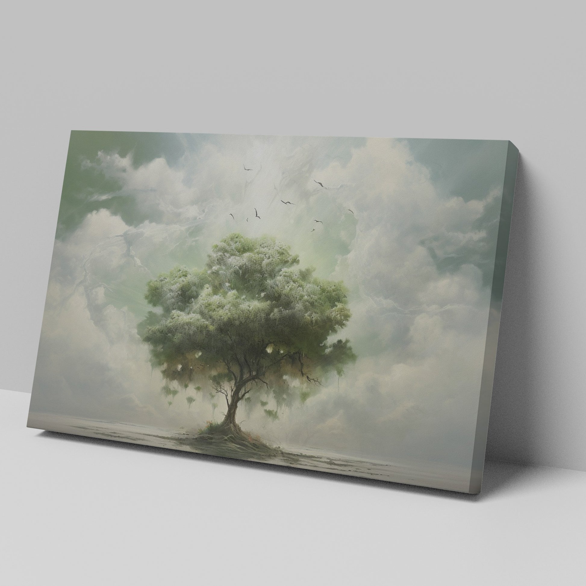 Framed canvas print of a surreal tree floating above a calm lake with birds and ethereal clouds