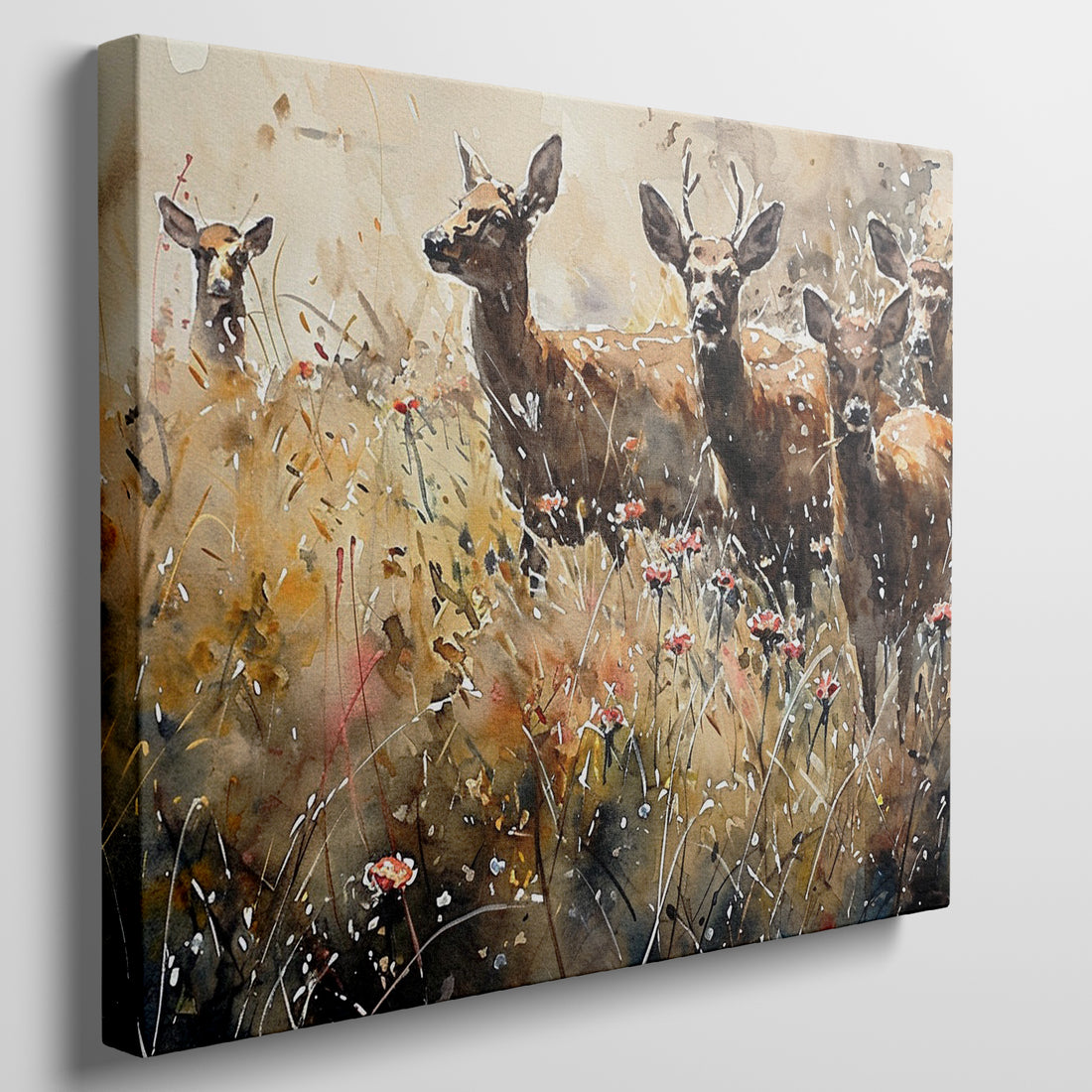 Framed canvas print of a serene watercolour depiction of deer in a natural, rustic setting with earthy tones