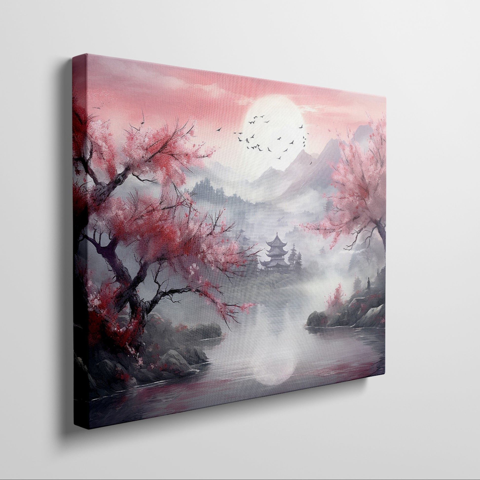 Framed canvas print of Oriental landscape with cherry blossoms and pagoda