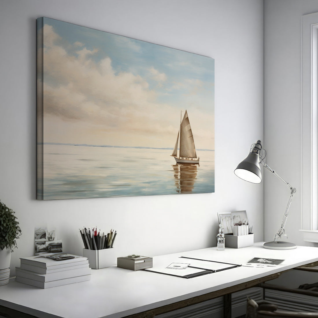 A peaceful painting of a sailboat sailing on calm ocean waters with clouds in the sky