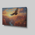 Framed canvas print of a majestic eagle flying over a sunset-lit river canyon