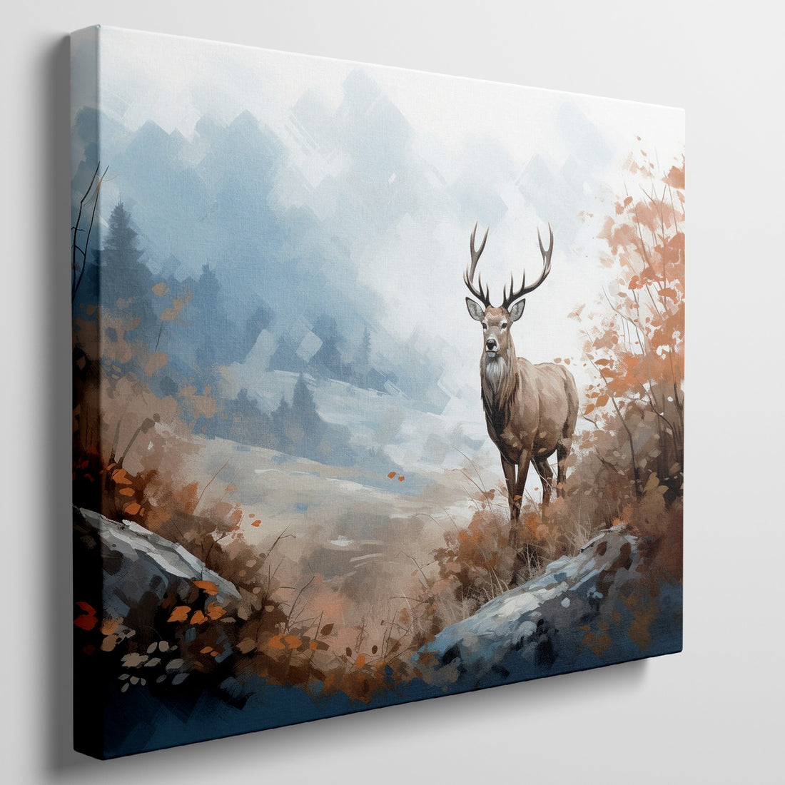 Framed canvas print of a majestic stag in a stylised autumn forest scene