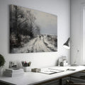 Framed canvas print of a winter landscape with a snowy path and figures walking, in a monochrome colour scheme