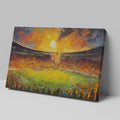 Framed canvas print of an impressionistic painting capturing a vibrant football match in a stadium at sunset