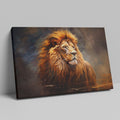 Framed canvas print of a majestic lion portrait, with detailed mane and warm earthy colours