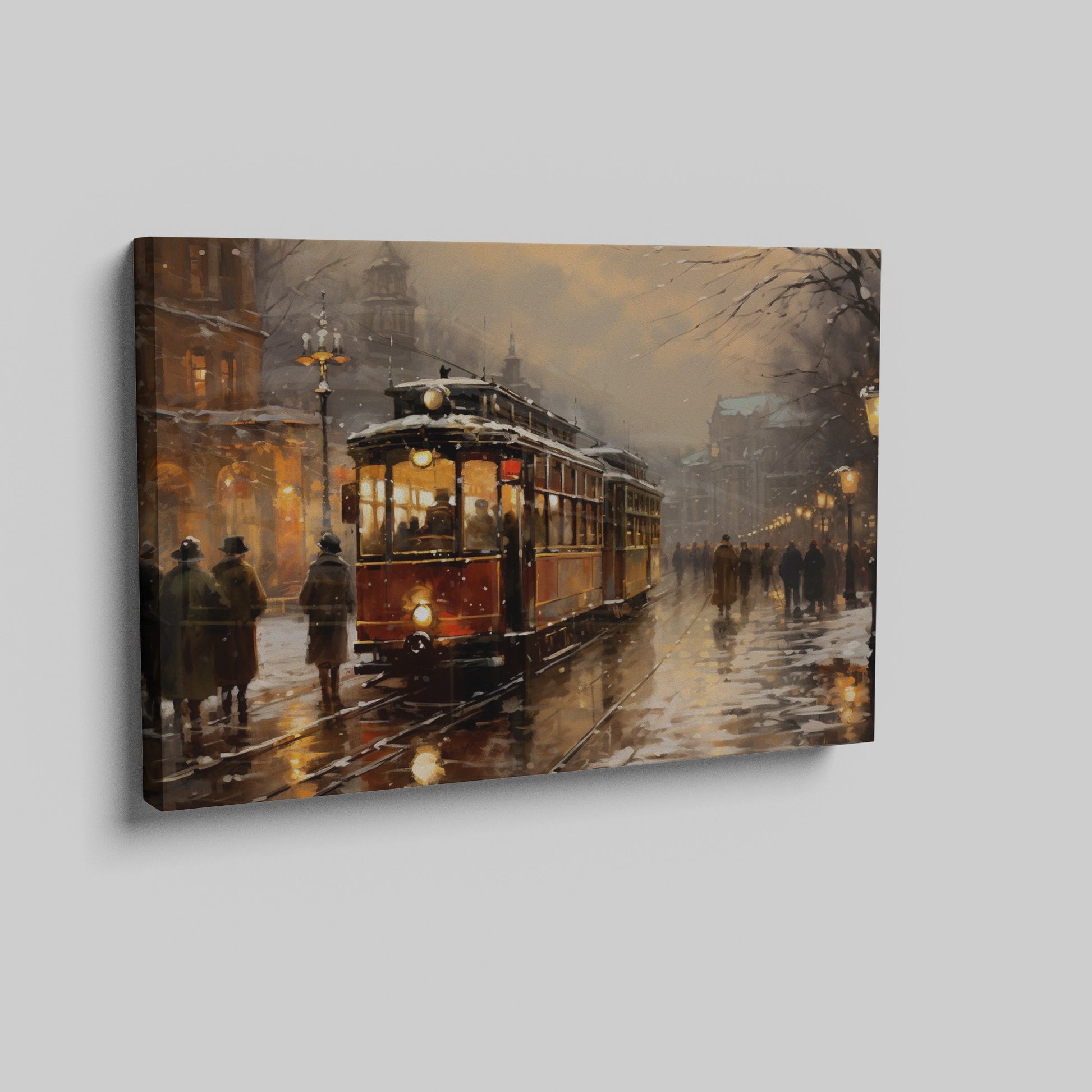 Framed canvas print of a vintage tram on snowy city street at twilight with glowing lamps