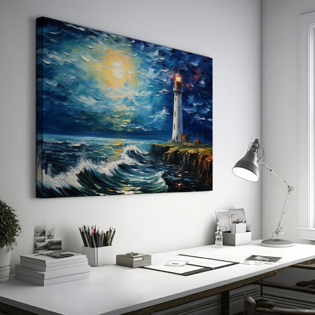 Framed canvas print of an impressionist lighthouse seascape with textured brushwork and dynamic ocean waves